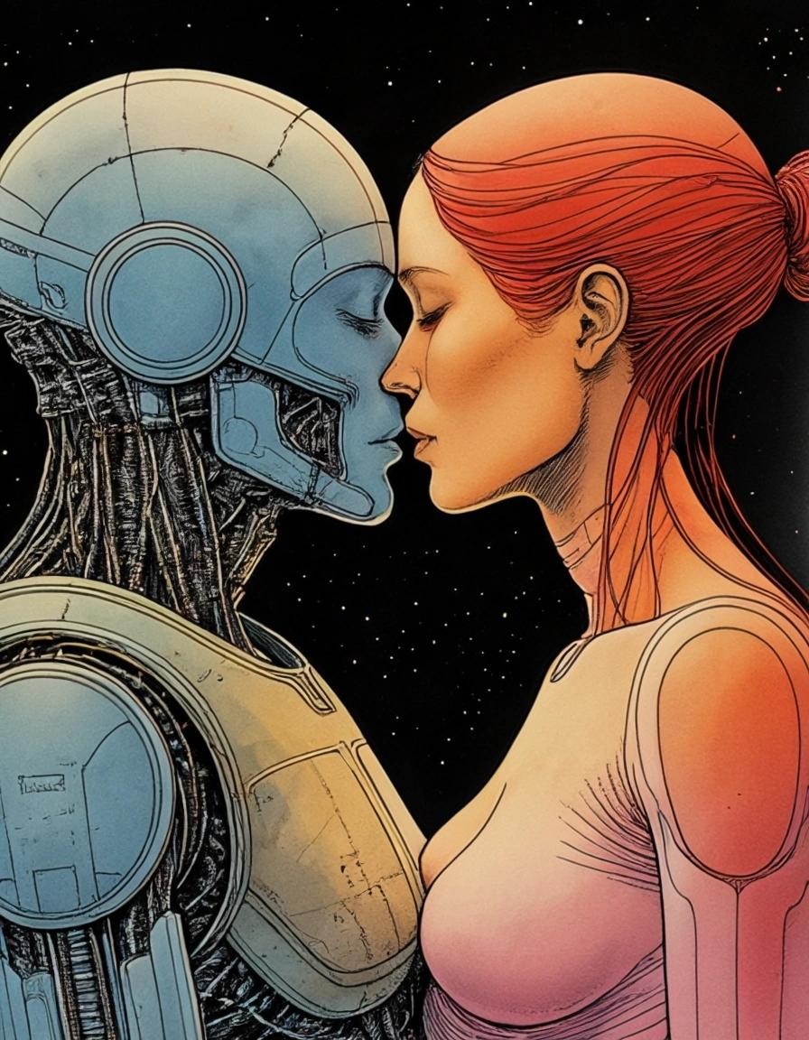 Image with seed 2930446795 generated via Stable Diffusion through @stablehorde@sigmoid.social. Prompt: 35th Century Love Story, two beautiful cyborg androids kissing, comic book by Moebius, watercolour on black ink drawing, science fiction, space opera, fantasy, surrealism, magical