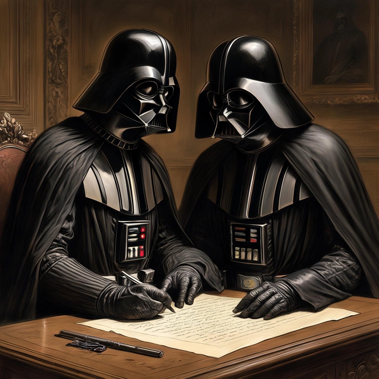 Image with seed 2732543891 generated via Stable Diffusion through @stablehorde@sigmoid.social. Prompt: a highly annoyed Darth Vader writing a long letter to Blaise Pascal about his latest copper purchase in the style of Gustave Dore engravings