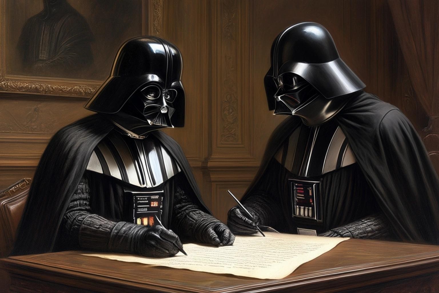 Image with seed 1685981293 generated via Stable Diffusion through @stablehorde@sigmoid.social. Prompt: a highly annoyed Darth Vader writing a long letter to Blaise Pascal about his latest copper purchase in the style of Gustave Dore engravings