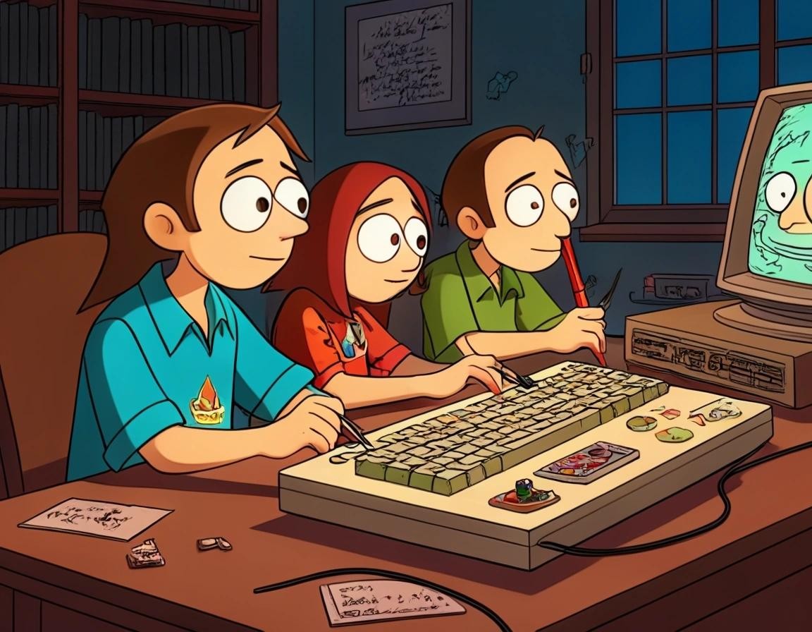 Image with seed 4063655110 generated via Stable Diffusion through @stablehorde@sigmoid.social. Prompt: blaise pascal blazing a joint while writing turbo pascal on a PS/2 Model 30 while Phineas and Ferb cheer him on in the style of Ren and Stimpy
