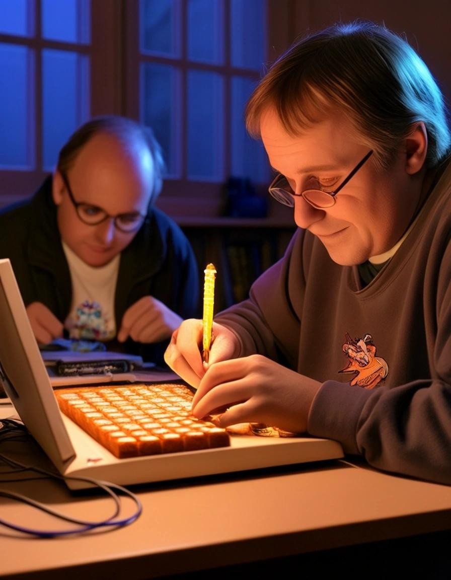 Image with seed 859684587 generated via Stable Diffusion through @stablehorde@sigmoid.social. Prompt: blaise pascal blazing a joint while writing turbo pascal on a PS/2 Model 30 while Phineas and Ferb cheer him on in the style of Ren and Stimpy