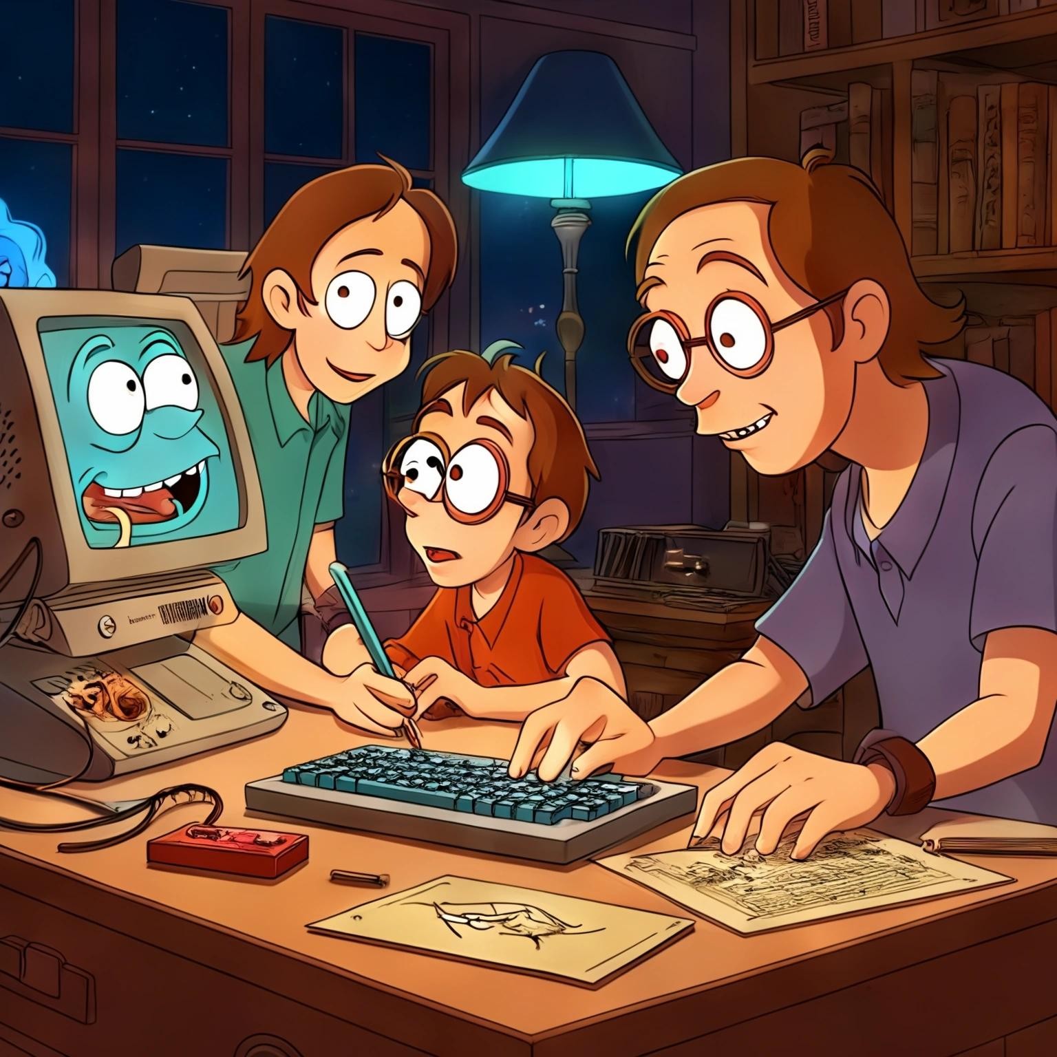 Image with seed 3313039868 generated via Stable Diffusion through @stablehorde@sigmoid.social. Prompt: blaise pascal blazing a joint while writing turbo pascal on a PS/2 Model 30 while Phineas and Ferb cheer him on in the style of Ren and Stimpy