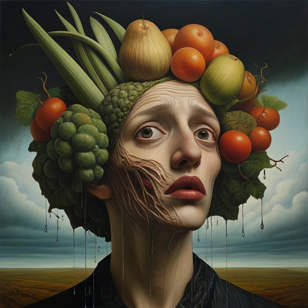 Image with seed 915383166 generated via Stable Diffusion through @stablehorde@sigmoid.social. Prompt: a toothache, a headache, and a bit of rain. Surrealism, sharp focus, poster, acrylic art, Giuseppe Arcimboldo, Alex Alemany
