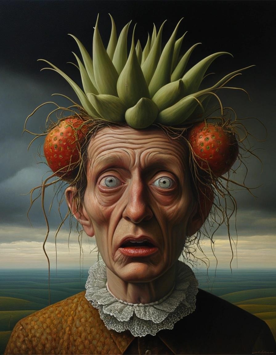 Image with seed 973749029 generated via Stable Diffusion through @stablehorde@sigmoid.social. Prompt: a toothache, a headache, and a bit of rain. Surrealism, sharp focus, poster, acrylic art, Giuseppe Arcimboldo, Alex Alemany