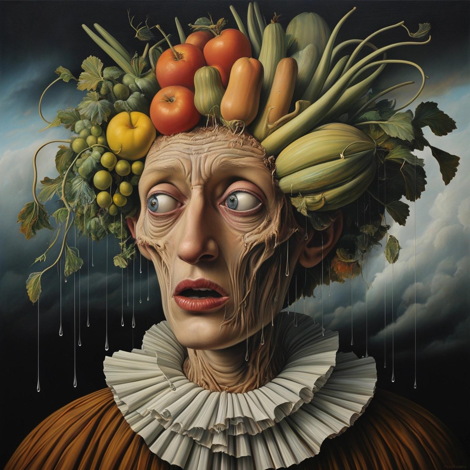 Image with seed 3429528608 generated via Stable Diffusion through @stablehorde@sigmoid.social. Prompt: a toothache, a headache, and a bit of rain. Surrealism, sharp focus, poster, acrylic art, Giuseppe Arcimboldo, Alex Alemany