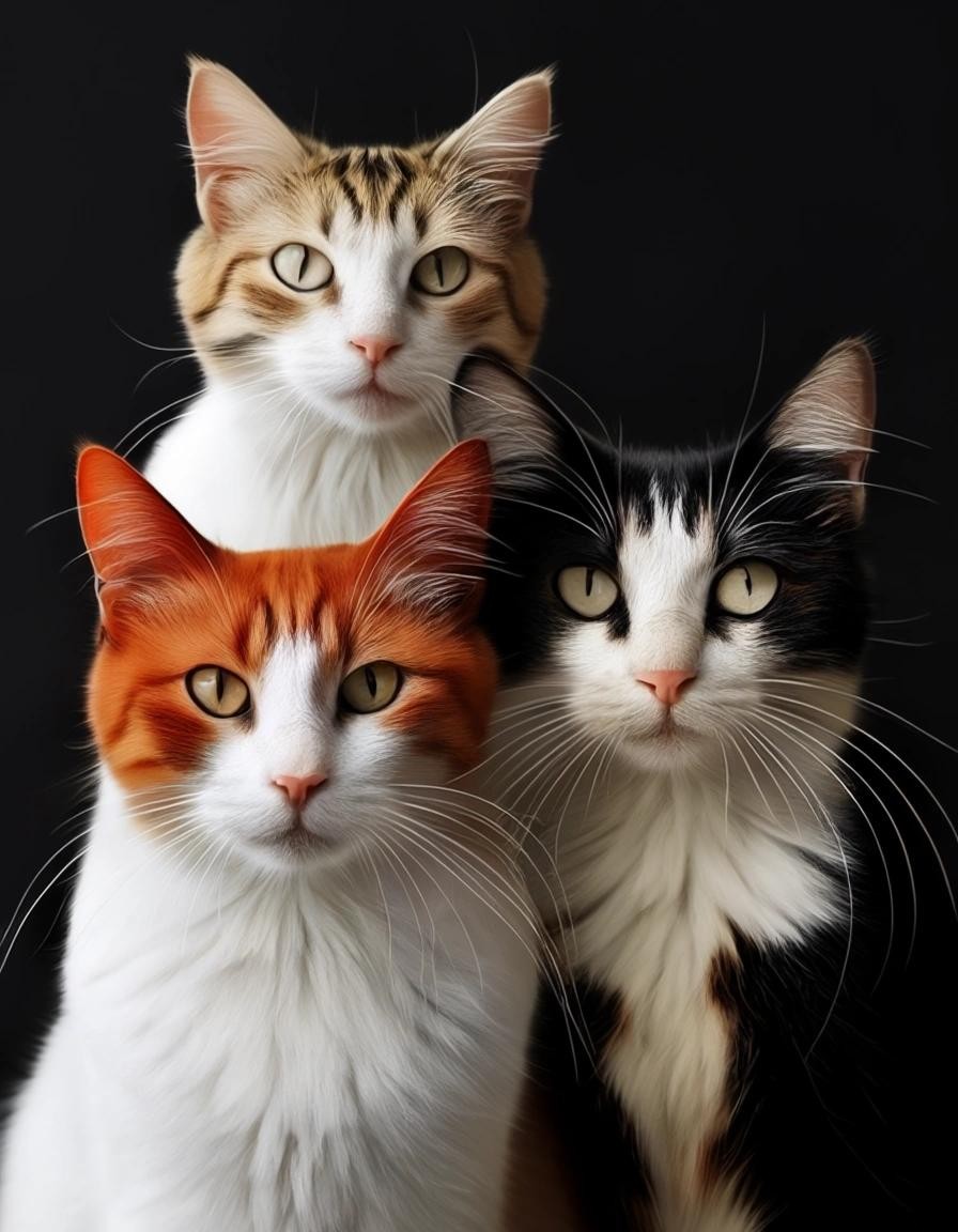 Image with seed 2609856671 generated via Stable Diffusion through @stablehorde@sigmoid.social. Prompt: white cat black cat red cat tabby cat calico cat so many cats