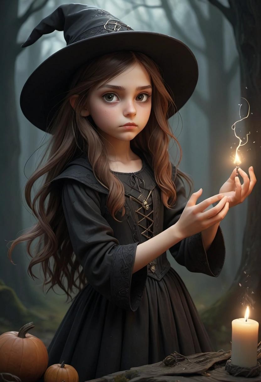 Image with seed 707858588 generated via Stable Diffusion through @stablehorde@sigmoid.social. Prompt: A young witch casting her first spell, fantasy, intricate, beautiful, Magic Realism, Gothic, magick, Pagan 