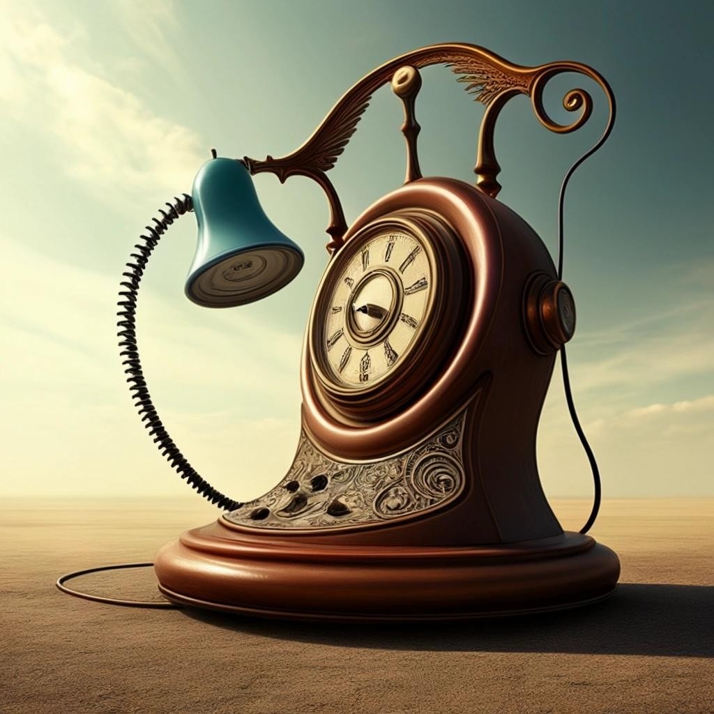 Image with seed 1049132844 generated via Stable Diffusion through @stablehorde@sigmoid.social. Prompt: Timelike Curves and the Revenge of the Flying Rotary Phone. Surrealism, fantasy, magic, whimsical, dreamlike, another world