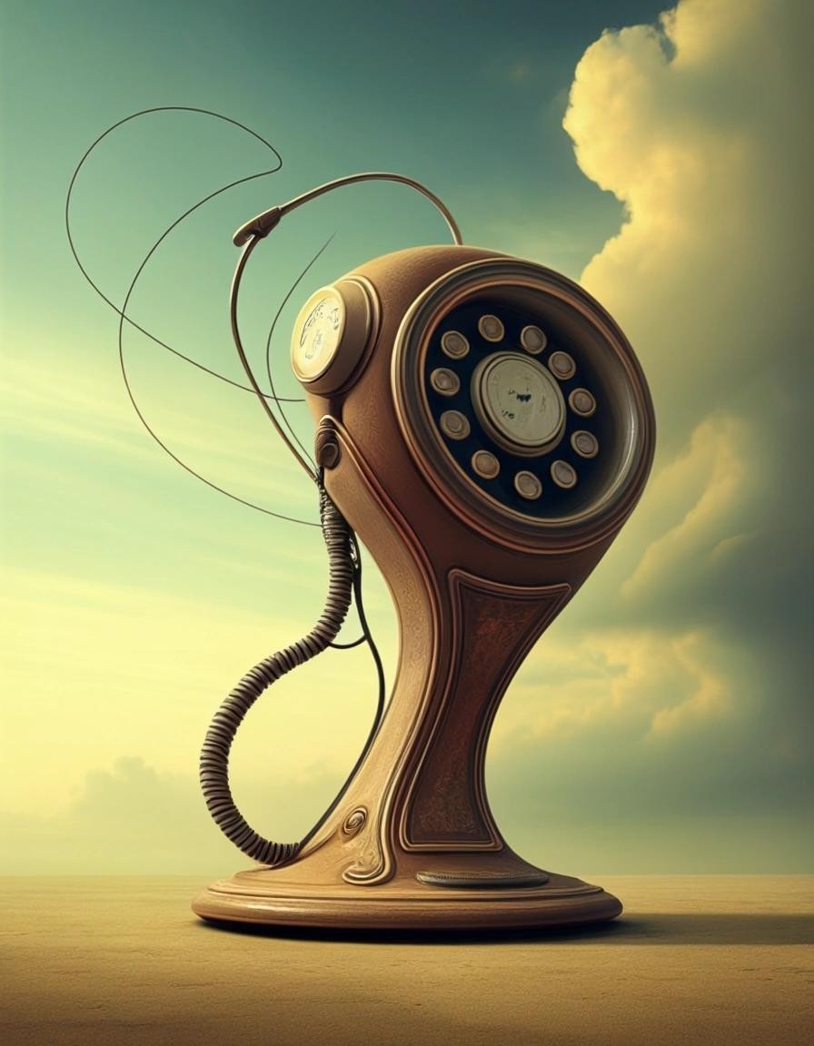 Image with seed 4218085360 generated via Stable Diffusion through @stablehorde@sigmoid.social. Prompt: Timelike Curves and the Revenge of the Flying Rotary Phone. Surrealism, fantasy, magic, whimsical, dreamlike, another world