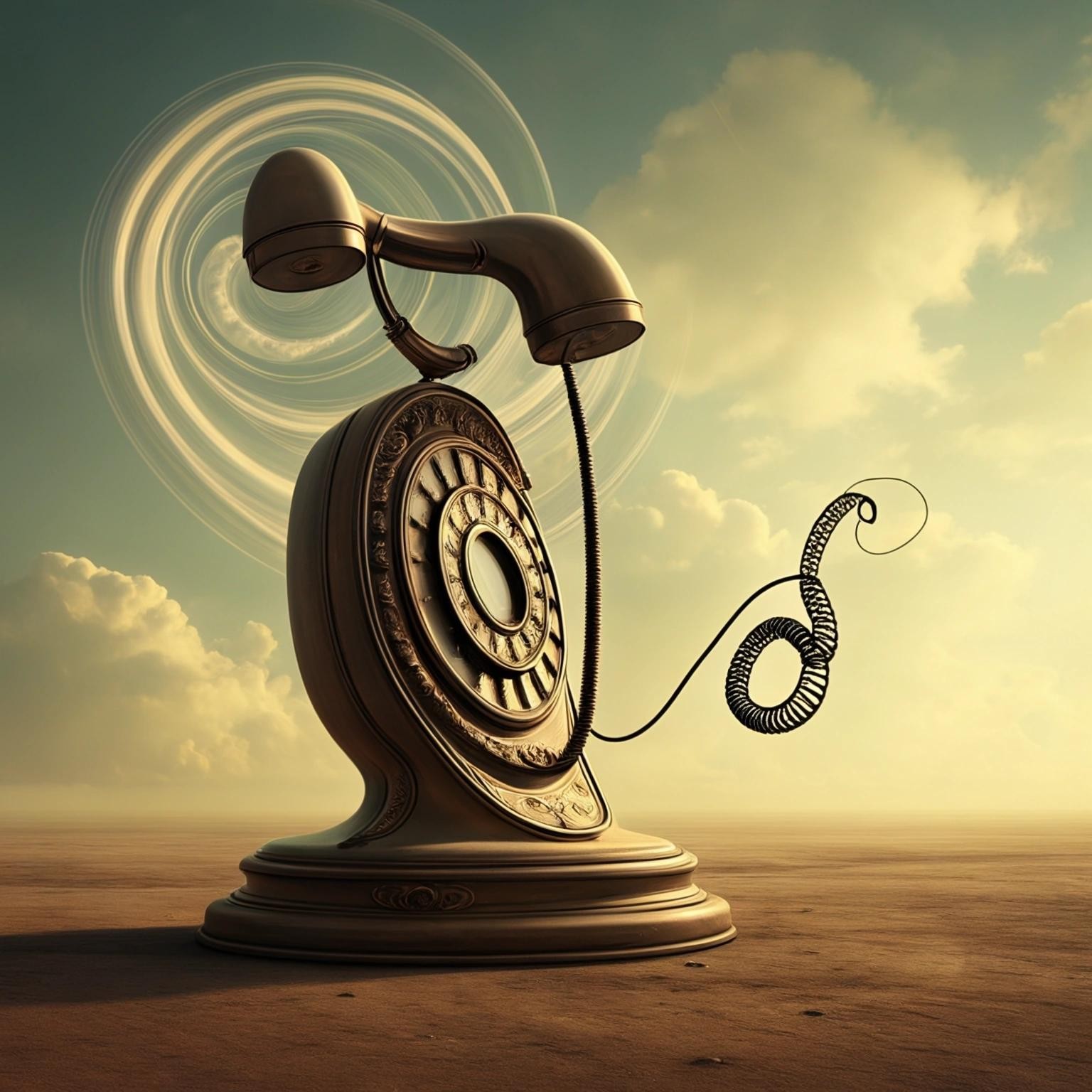 Image with seed 3659384660 generated via Stable Diffusion through @stablehorde@sigmoid.social. Prompt: Timelike Curves and the Revenge of the Flying Rotary Phone. Surrealism, fantasy, magic, whimsical, dreamlike, another world