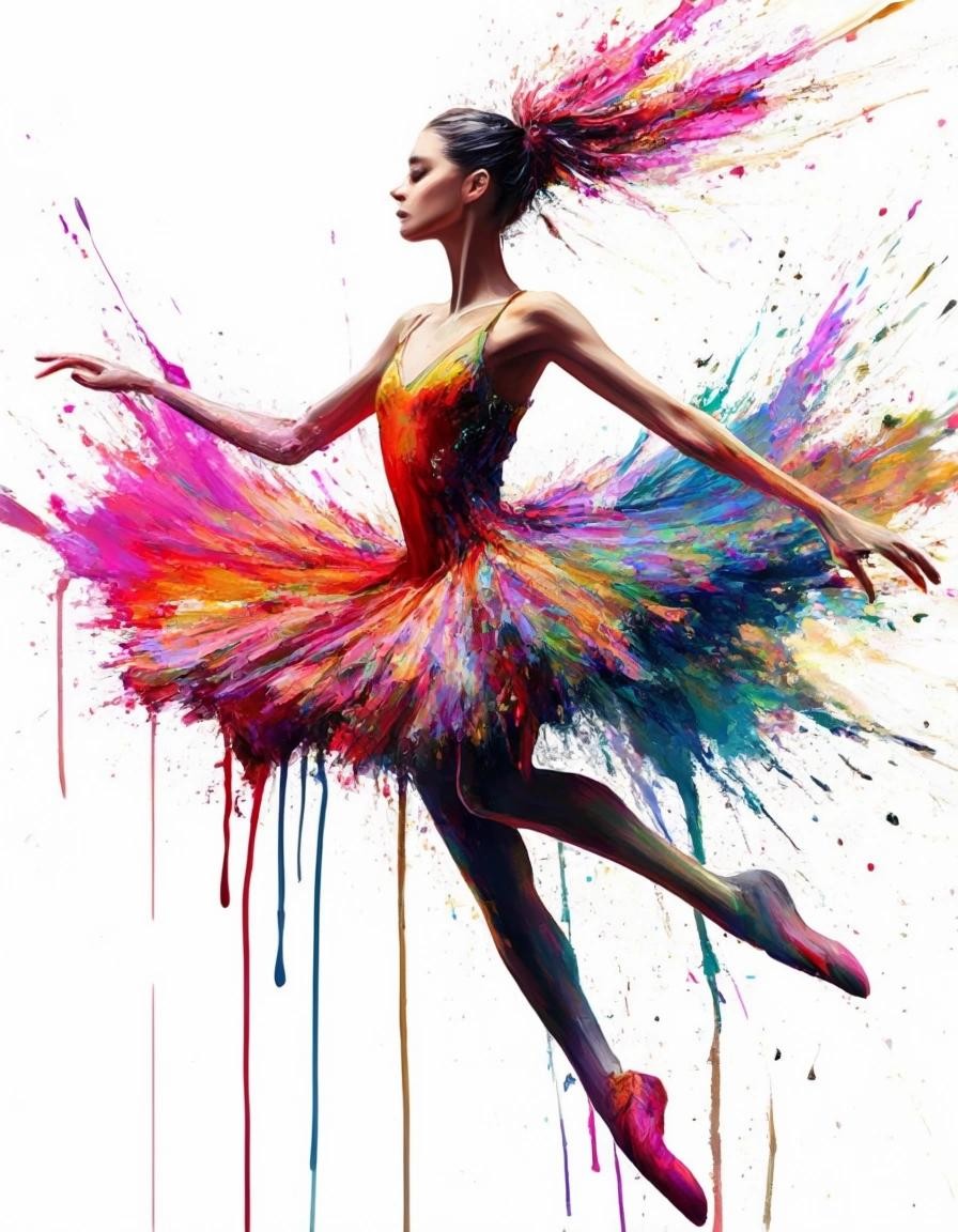Image with seed 2009026189 generated via Stable Diffusion through @stablehorde@sigmoid.social. Prompt: Fantastic fantasy ballerina jump Speedpaint with large brush strokes paint splatter; paint drips; drip painting; a masterpiece; maximalist; uncanny; highly detailed and intricate, beautiful colors, elegant