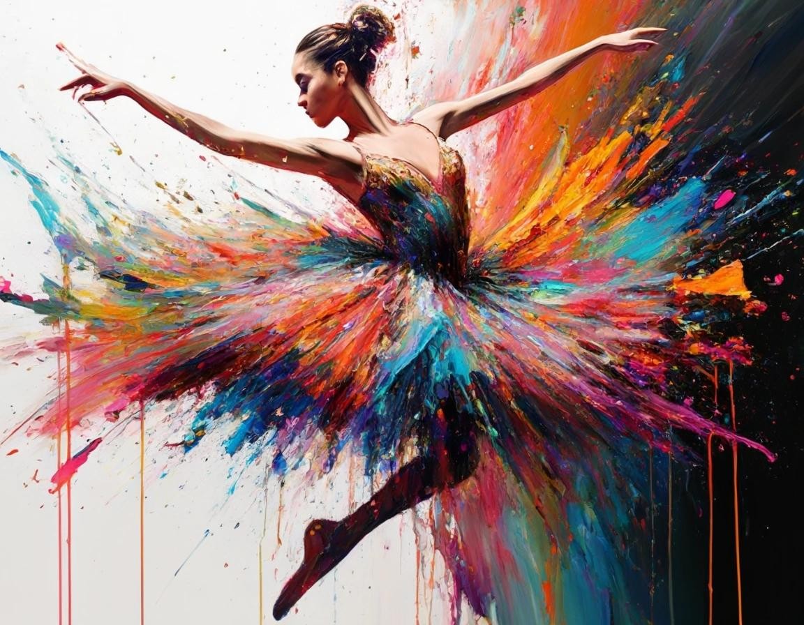 Image with seed 3280607067 generated via Stable Diffusion through @stablehorde@sigmoid.social. Prompt: Fantastic fantasy ballerina jump Speedpaint with large brush strokes paint splatter; paint drips; drip painting; a masterpiece; maximalist; uncanny; highly detailed and intricate, beautiful colors, elegant