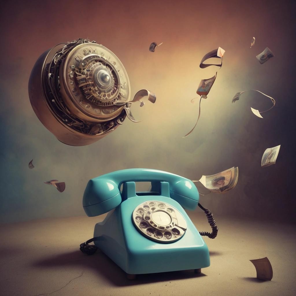 Image with seed 276440224 generated via Stable Diffusion through @stablehorde@sigmoid.social. Prompt: Timelike Curves and the Revenge of the Flying Rotary Phone. Surrealism, fantasy, magic, whimsical, dreamlike, another world 