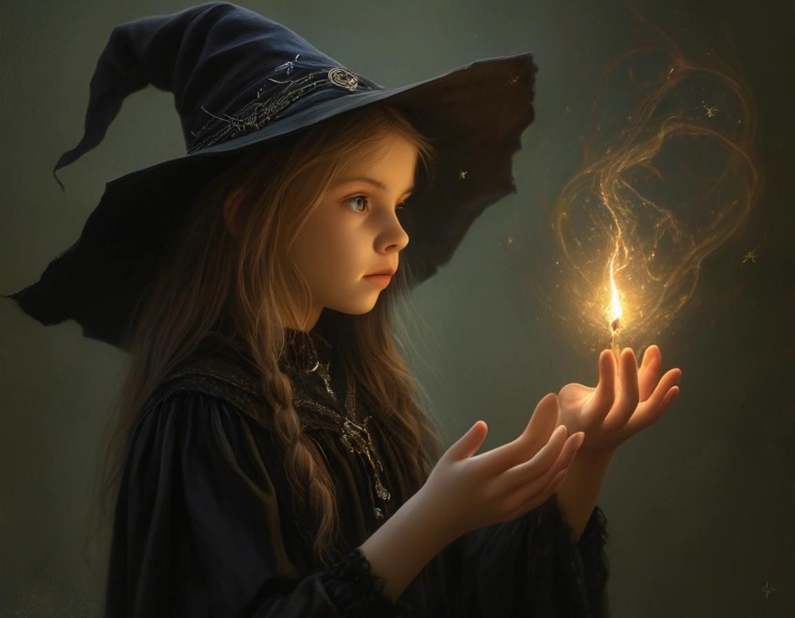 Image with seed 1293010418 generated via Stable Diffusion through @stablehorde@sigmoid.social. Prompt: A young witch casting her first spell, fantasy, intricate, beautiful, Magic Realism, Gothic, magick, Pagan
