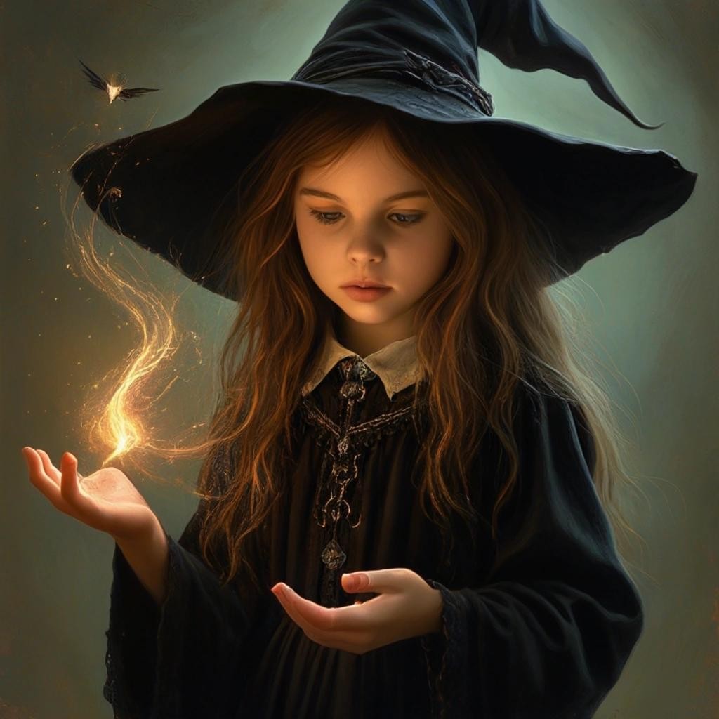 Image with seed 1277388247 generated via Stable Diffusion through @stablehorde@sigmoid.social. Prompt: A young witch casting her first spell, fantasy, intricate, beautiful, Magic Realism, Gothic, magick, Pagan