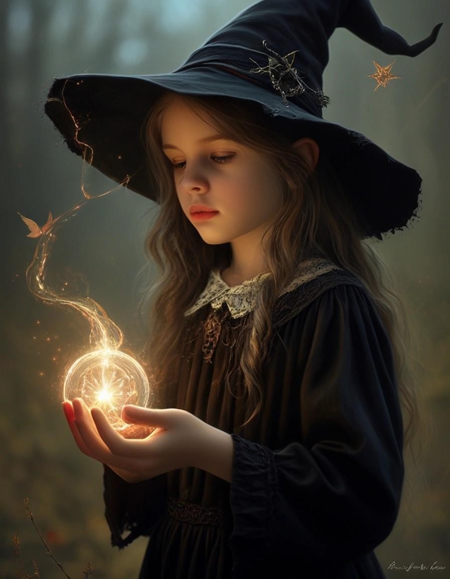 Image with seed 1776201986 generated via Stable Diffusion through @stablehorde@sigmoid.social. Prompt: A young witch casting her first spell, fantasy, intricate, beautiful, Magic Realism, Gothic, magick, Pagan