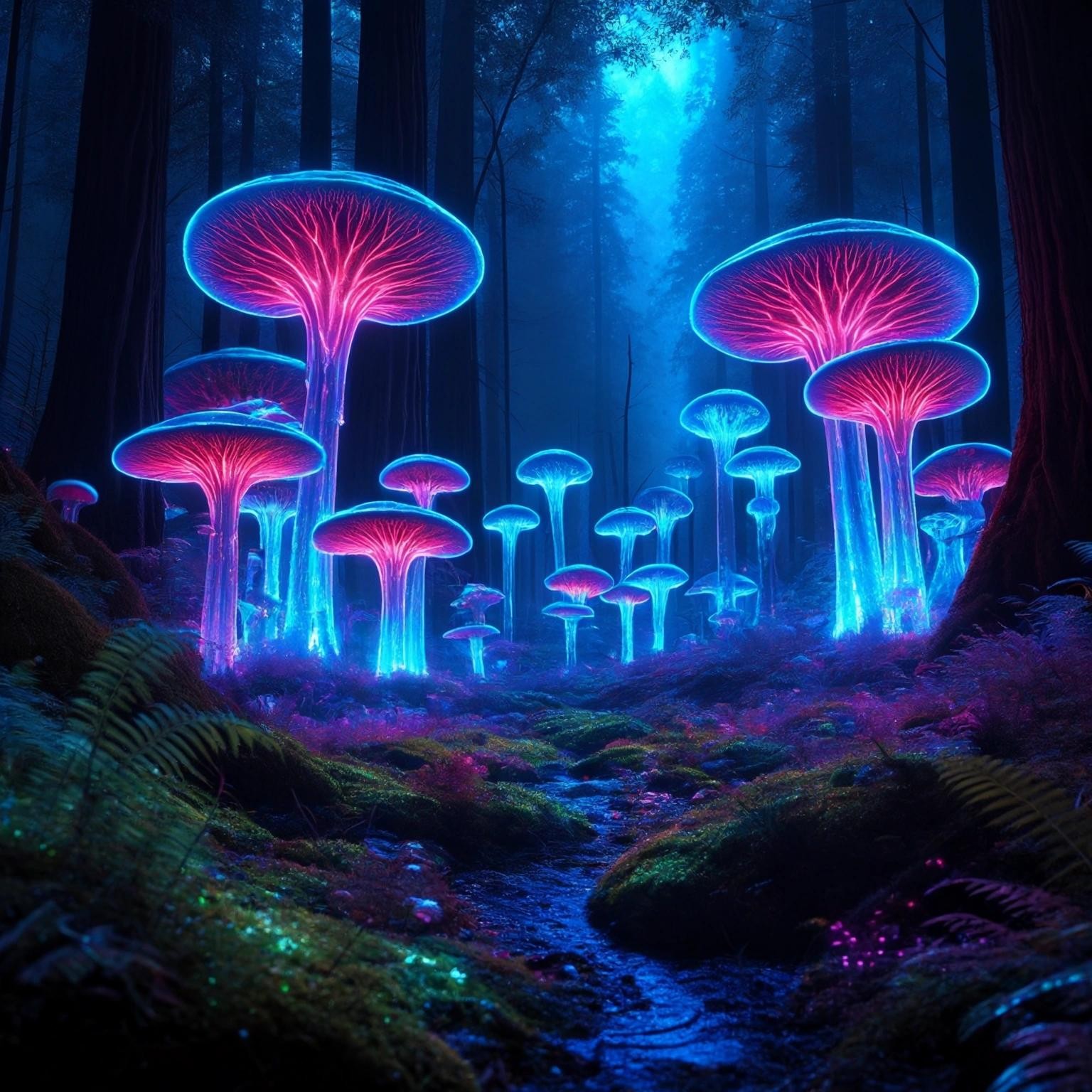 Image with seed 3898005761 generated via Stable Diffusion through @stablehorde@sigmoid.social. Prompt: a bioluminescent forest on an alien planet at night, strange alien plants, strange alien animals, strange alien moss, strange alien mushrooms, colourful glowing bioluminescent plants, bioluminescent mushrooms, bioluminescent animals, colourful lights, alien fireflies, science fiction, fantasy, strange new worlds
