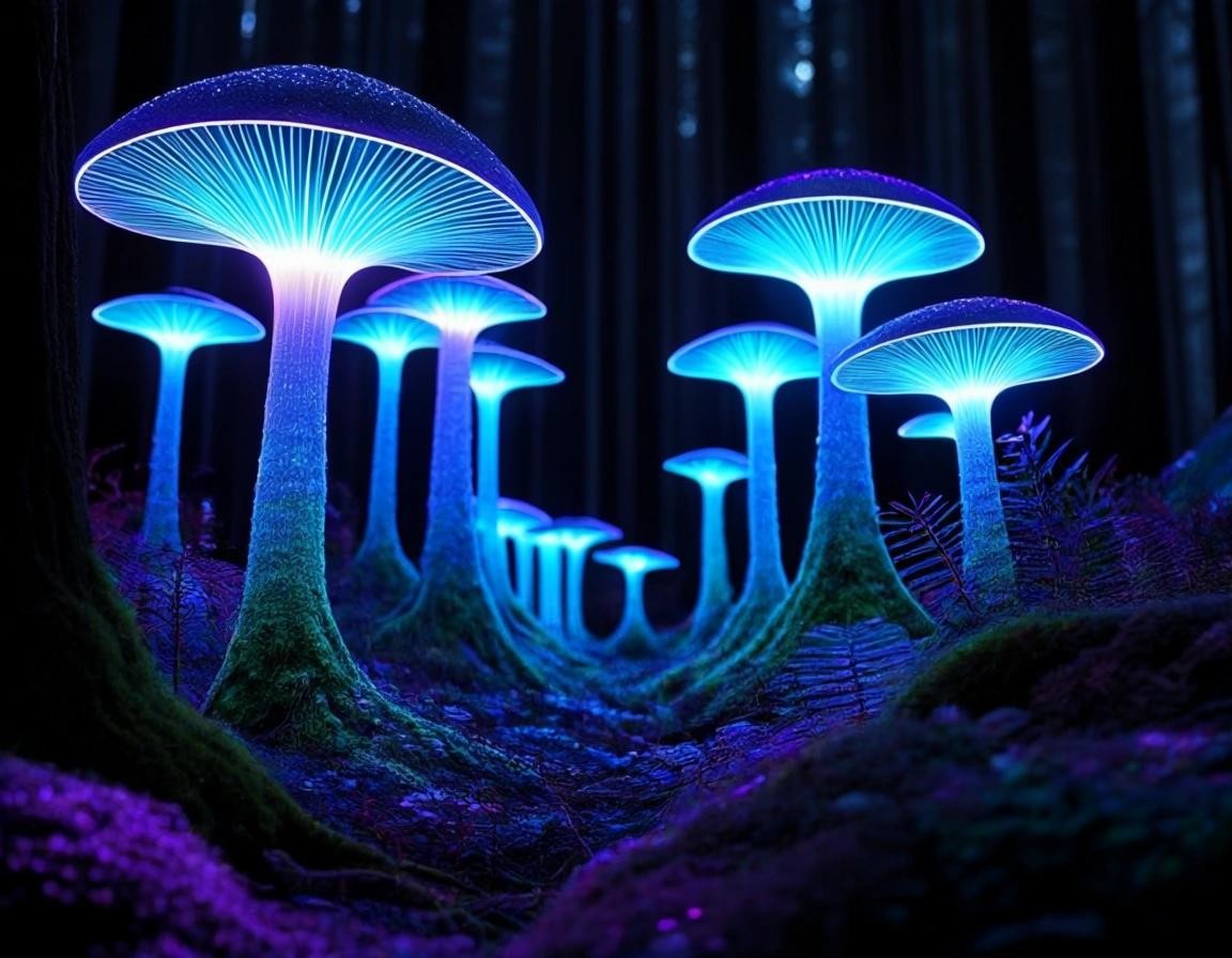 Image with seed 2458426076 generated via Stable Diffusion through @stablehorde@sigmoid.social. Prompt: a bioluminescent forest on an alien planet at night, strange alien plants, strange alien animals, strange alien moss, strange alien mushrooms, colourful glowing bioluminescent plants, bioluminescent mushrooms, bioluminescent animals, colourful lights, alien fireflies, science fiction, fantasy, strange new worlds