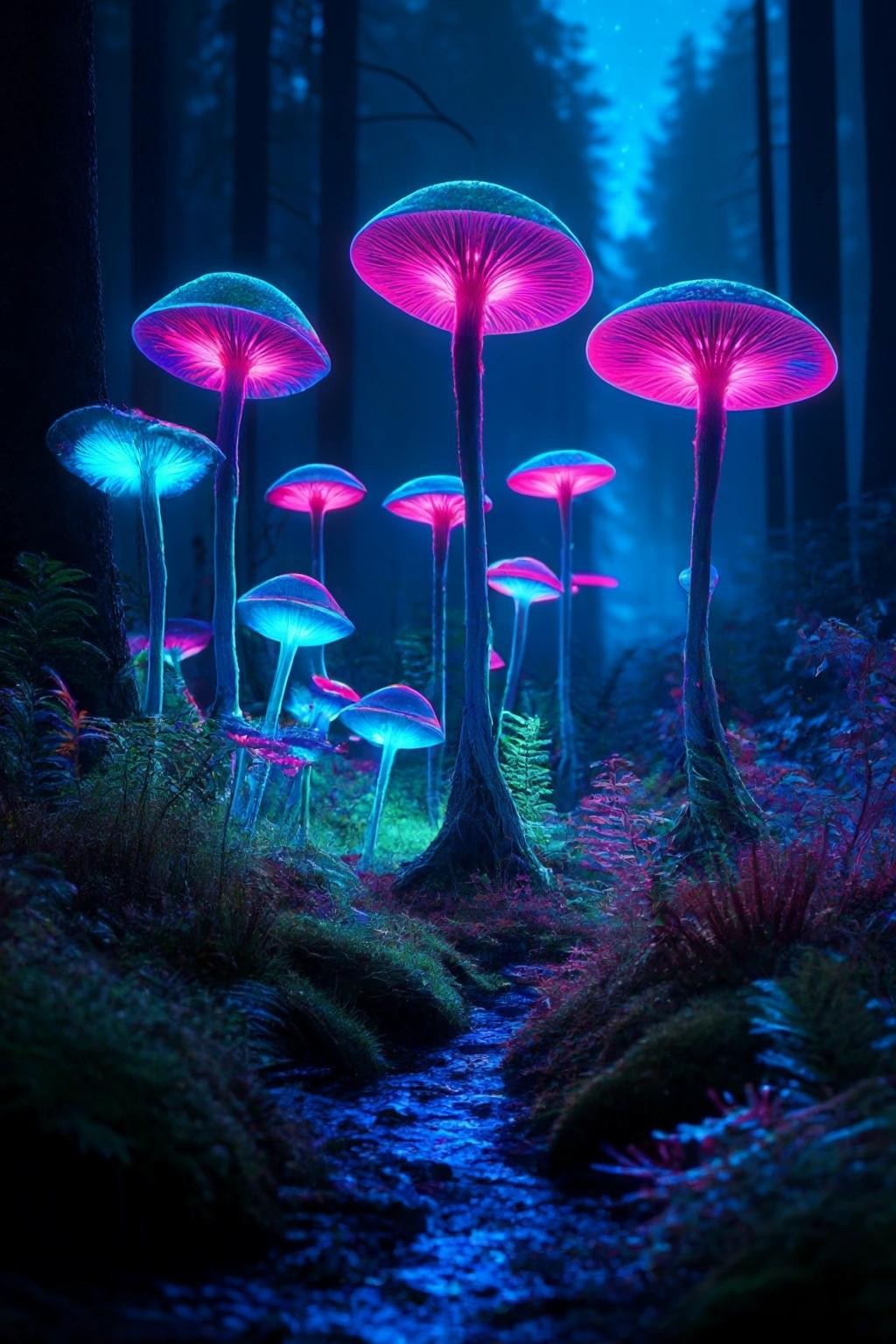 Image with seed 4248372538 generated via Stable Diffusion through @stablehorde@sigmoid.social. Prompt: a bioluminescent forest on an alien planet at night, strange alien plants, strange alien animals, strange alien moss, strange alien mushrooms, colourful glowing bioluminescent plants, bioluminescent mushrooms, bioluminescent animals, colourful lights, alien fireflies, science fiction, fantasy, strange new worlds