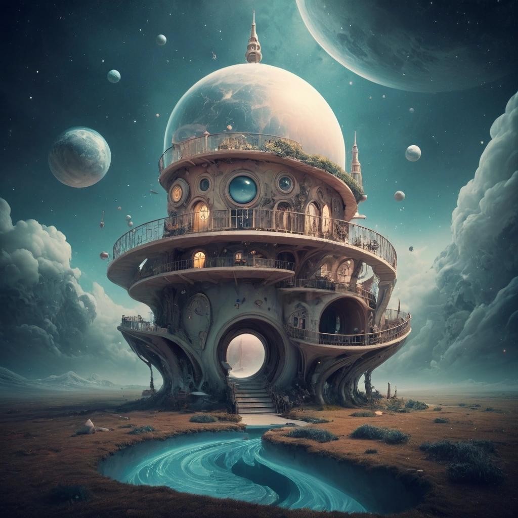 Image with seed 2635667029 generated via Stable Diffusion through @stablehorde@sigmoid.social. Prompt: Spacelike Curves and Nostalgia for Yesterday's Future. Surrealism, fantasy, magic, whimsical, dreamlike, another world 