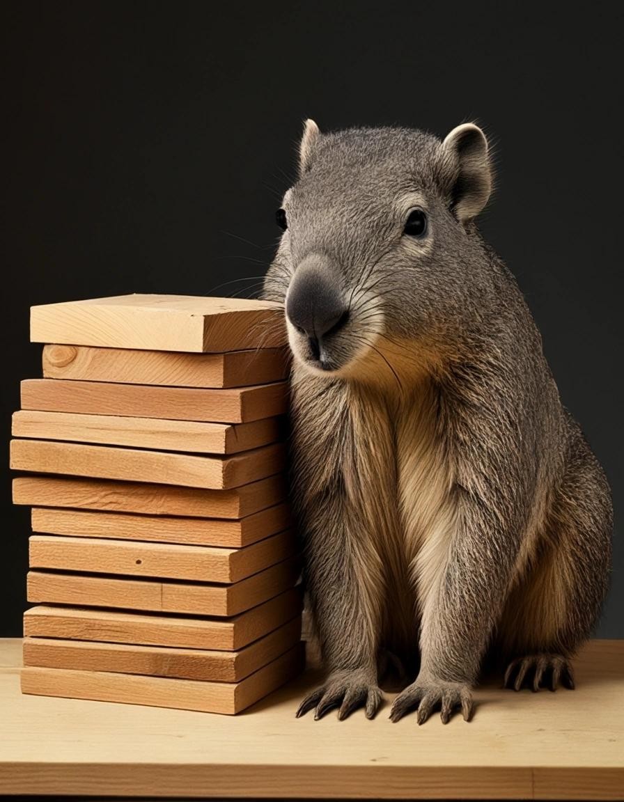 Image with seed 894508706 generated via Stable Diffusion through @stablehorde@sigmoid.social. Prompt: anything but an elephant, next to a stack of how much wood a woodchuck could chuck if a woodchuck could chuck wood even though it can’t