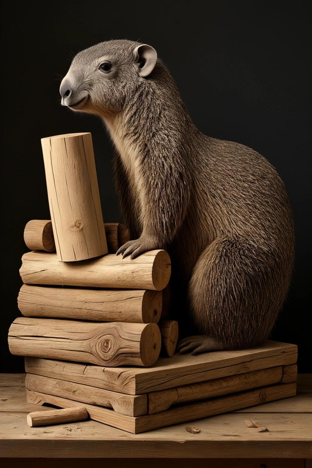 Image with seed 2150003880 generated via Stable Diffusion through @stablehorde@sigmoid.social. Prompt: anything but an elephant, next to a stack of how much wood a woodchuck could chuck if a woodchuck could chuck wood even though it can’t