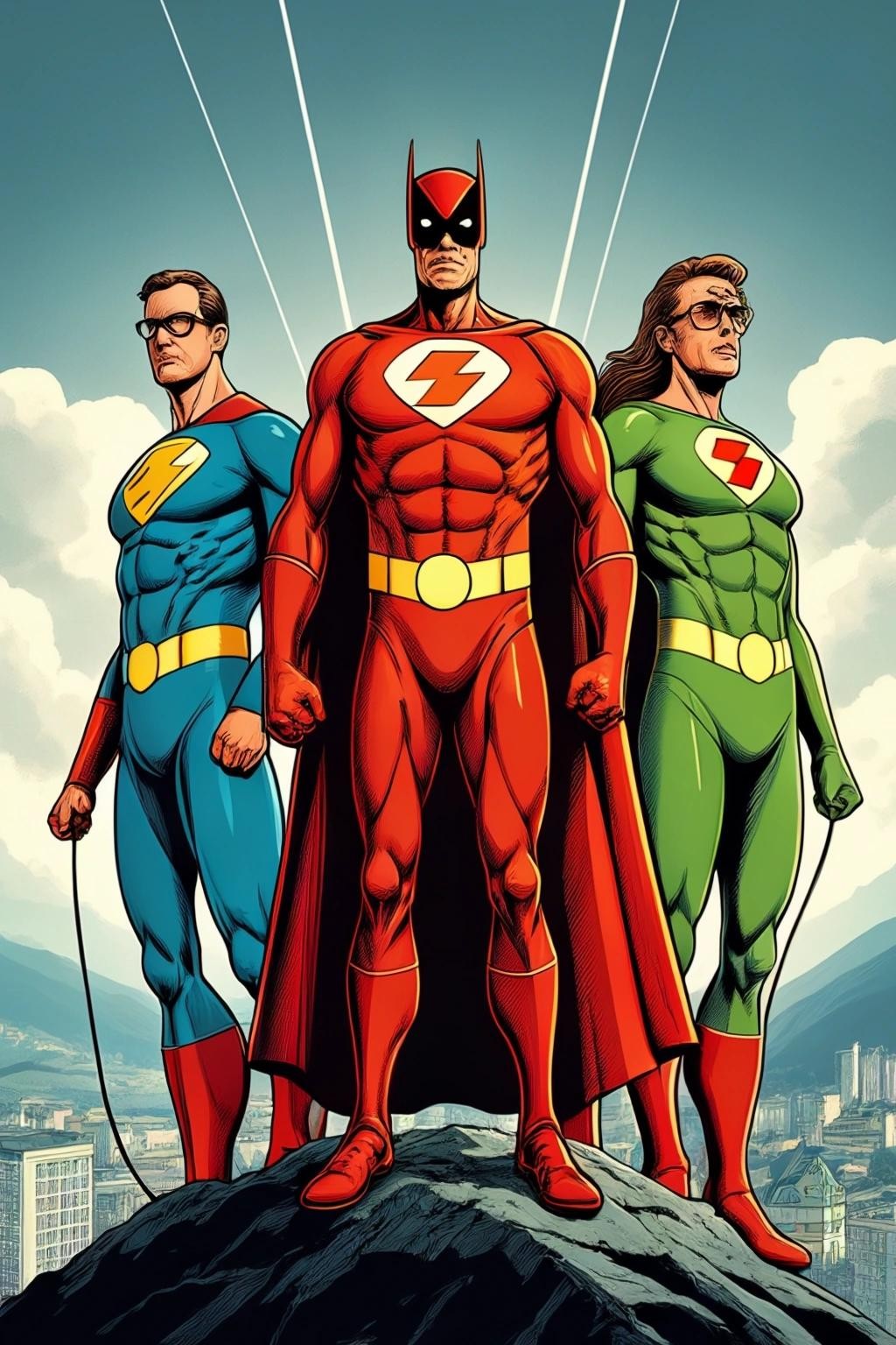 Image with seed 3075142336 generated via Stable Diffusion through @stablehorde@sigmoid.social. Prompt: a group of Swiss electricity-themed superheroes