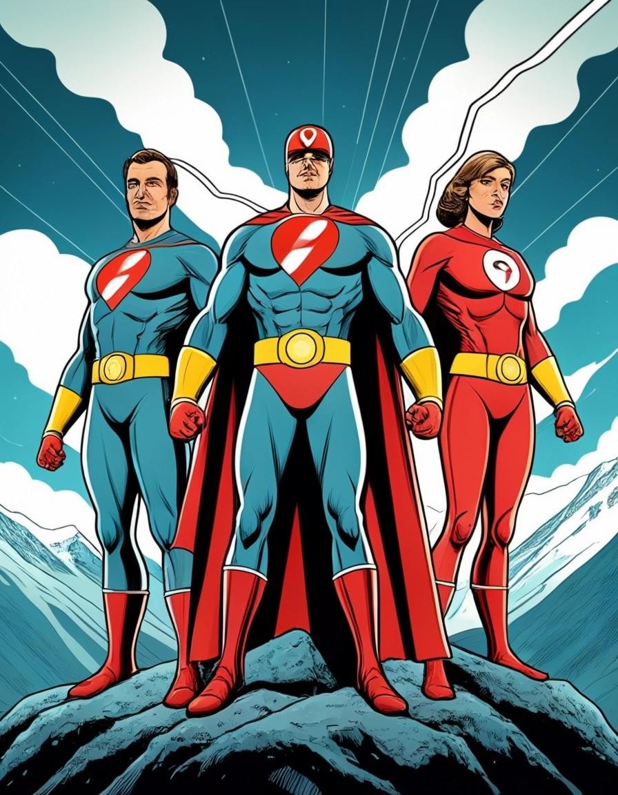 Image with seed 1395589071 generated via Stable Diffusion through @stablehorde@sigmoid.social. Prompt: a group of Swiss electricity-themed superheroes