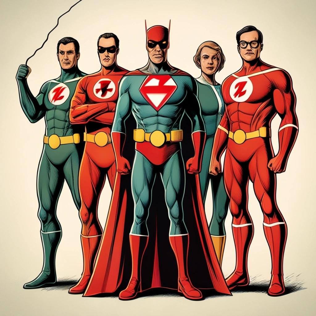 Image with seed 448083090 generated via Stable Diffusion through @stablehorde@sigmoid.social. Prompt: a group of Swiss electricity-themed superheroes