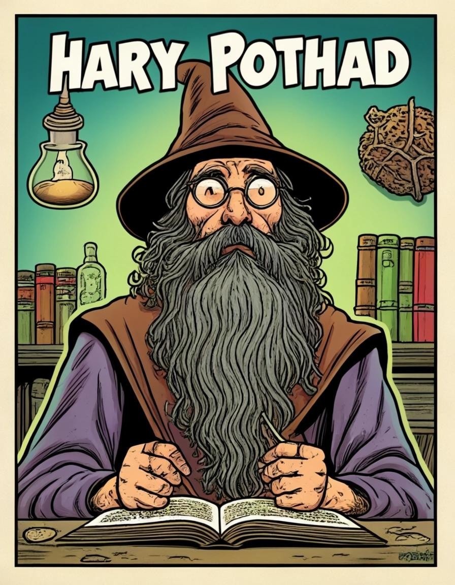 Image with seed 1627567518 generated via Stable Diffusion through @stablehorde@sigmoid.social. Prompt: Hairy Pothead and the Stoned Philosopher, fantasy wizards, full colour comic book