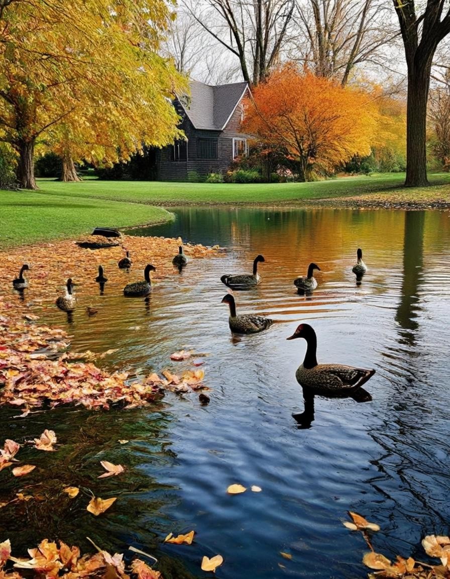 Image with seed 4073041532 generated via Stable Diffusion through @stablehorde@sigmoid.social. Prompt: the most beautiful duck pond with cayuga ducks please