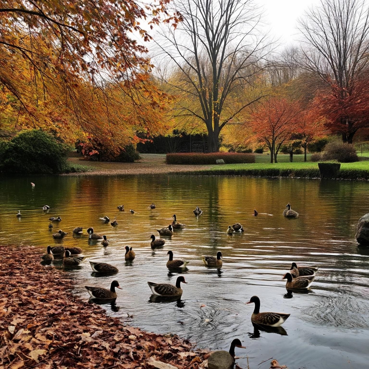 Image with seed 783384354 generated via Stable Diffusion through @stablehorde@sigmoid.social. Prompt: the most beautiful duck pond with cayuga ducks please