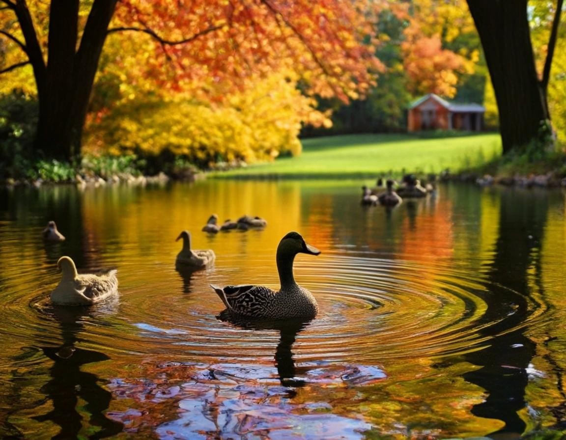 Image with seed 3048906836 generated via Stable Diffusion through @stablehorde@sigmoid.social. Prompt: the most beautiful duck pond with cayuga ducks please