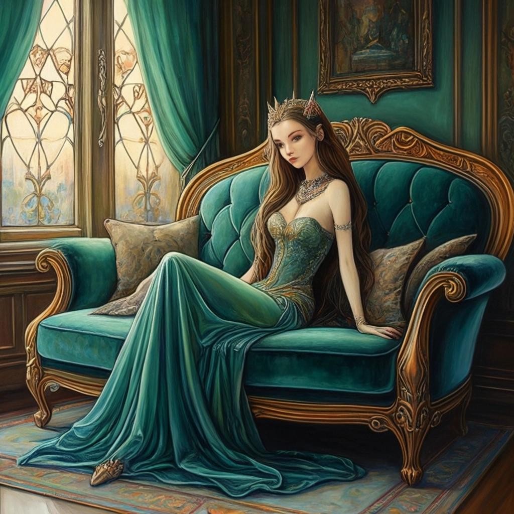 Image with seed 3824208498 generated via Stable Diffusion through @stablehorde@sigmoid.social. Prompt: stunning Elf princess sitting on a velvet sofa with her beautiful cat, fantasy, art nouvea furniture, art nouveau architecture, acrylic painting