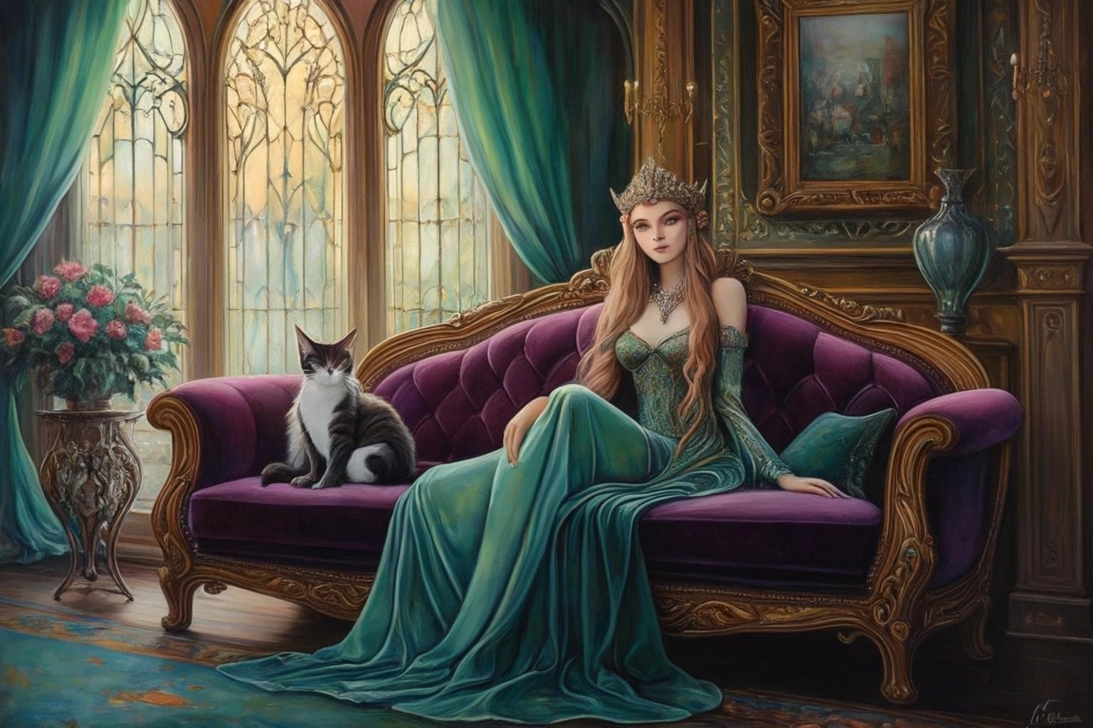 Image with seed 782553990 generated via Stable Diffusion through @stablehorde@sigmoid.social. Prompt: stunning Elf princess sitting on a velvet sofa with her beautiful cat, fantasy, art nouvea furniture, art nouveau architecture, acrylic painting