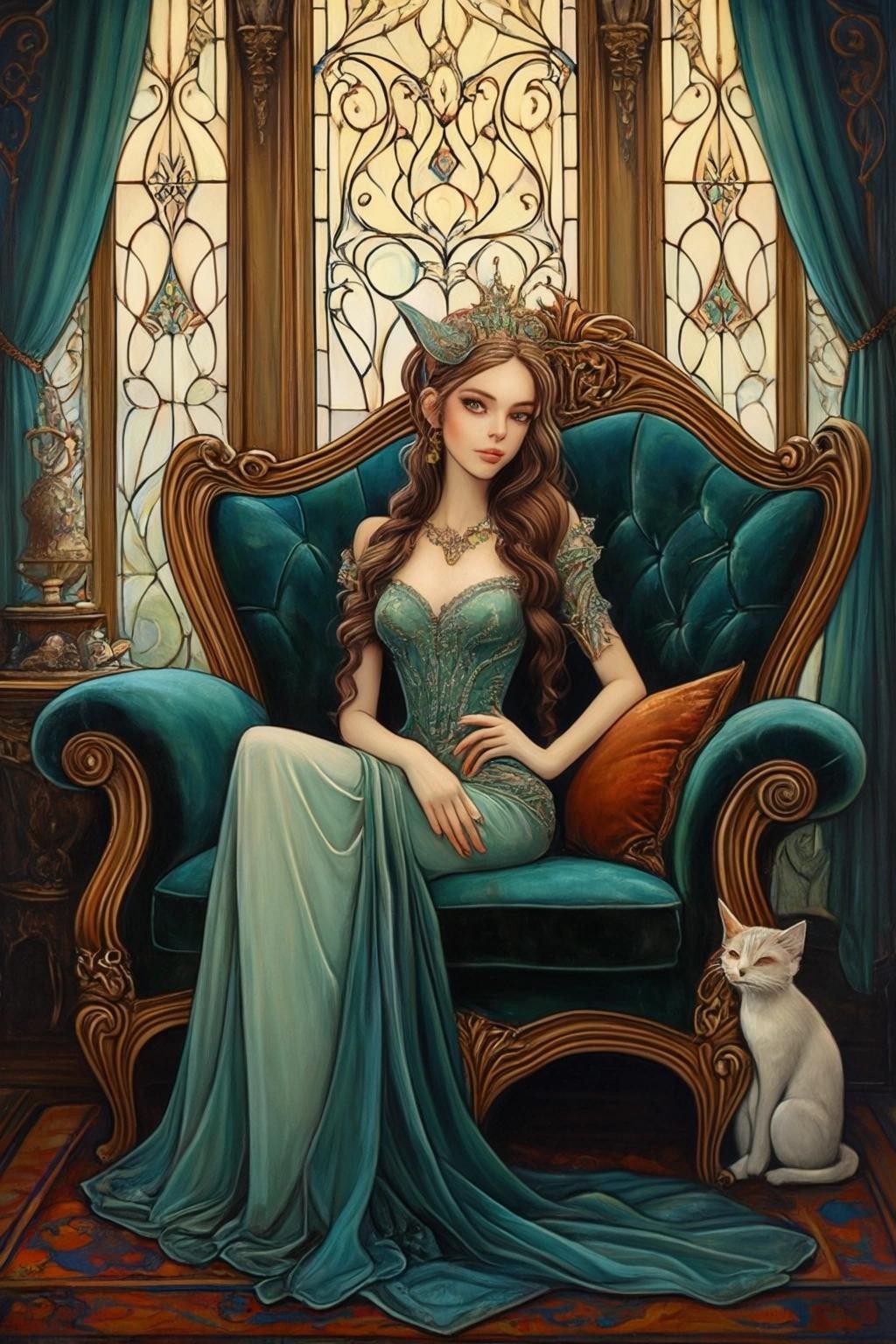 Image with seed 4036591982 generated via Stable Diffusion through @stablehorde@sigmoid.social. Prompt: stunning Elf princess sitting on a velvet sofa with her beautiful cat, fantasy, art nouvea furniture, art nouveau architecture, acrylic painting