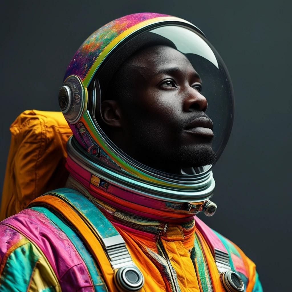 Image with seed 1854466236 generated via Stable Diffusion through @stablehorde@sigmoid.social. Prompt: a tall Black man wearing a colourful spacesuit, Afrofuturism, elegant, science fiction, far future, space travel