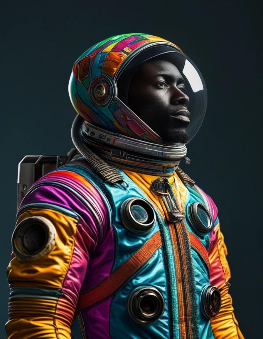 Image with seed 136137150 generated via Stable Diffusion through @stablehorde@sigmoid.social. Prompt: a tall Black man wearing a colourful spacesuit, Afrofuturism, elegant, science fiction, far future, space travel