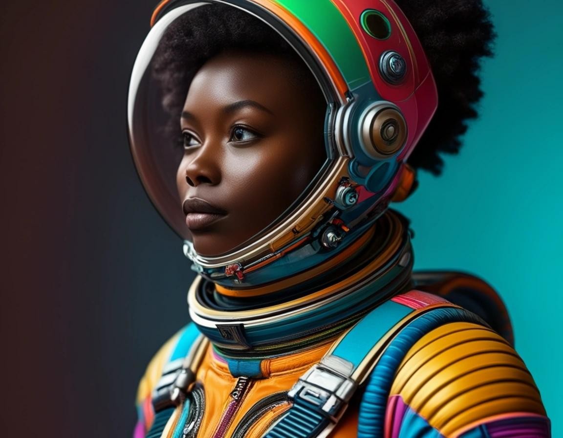 Image with seed 858934100 generated via Stable Diffusion through @stablehorde@sigmoid.social. Prompt: a tall Black woman wearing a colourful spacesuit, Afrofuturism, elegant, science fiction, far future, space travel