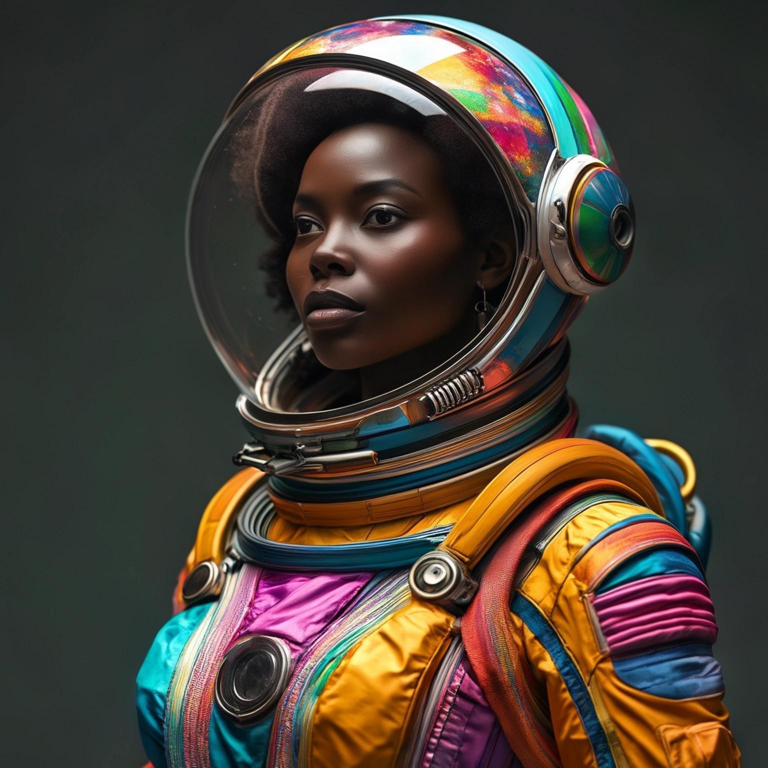 Image with seed 2116859820 generated via Stable Diffusion through @stablehorde@sigmoid.social. Prompt: a tall Black woman wearing a colourful spacesuit, Afrofuturism, elegant, science fiction, far future, space travel