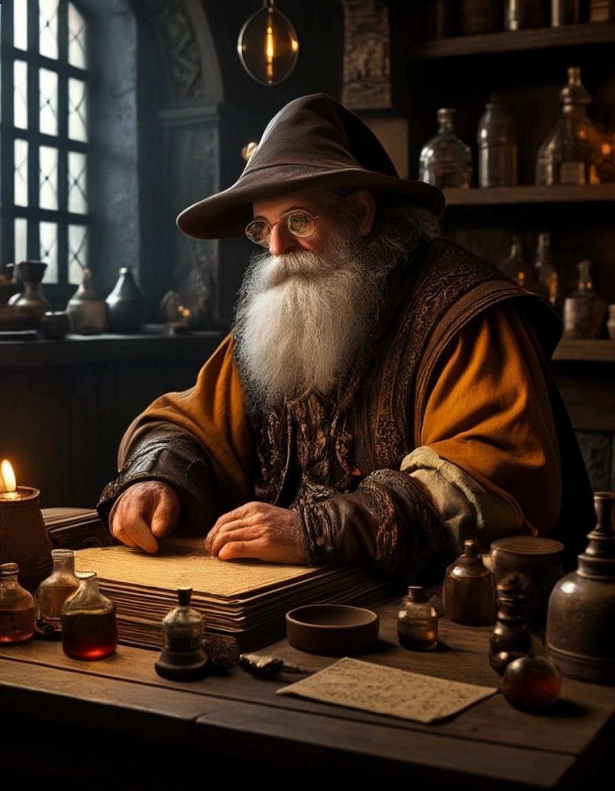 Image with seed 2331887888 generated via Stable Diffusion through @stablehorde@sigmoid.social. Prompt: a Dwarven alchemist sitting at his table, alchemist materials and equipment in the style of baroque and Rembrandt, Rembrandt lighting, interesting dramatic pose, highly detailed hyper-realistic photo-realistic