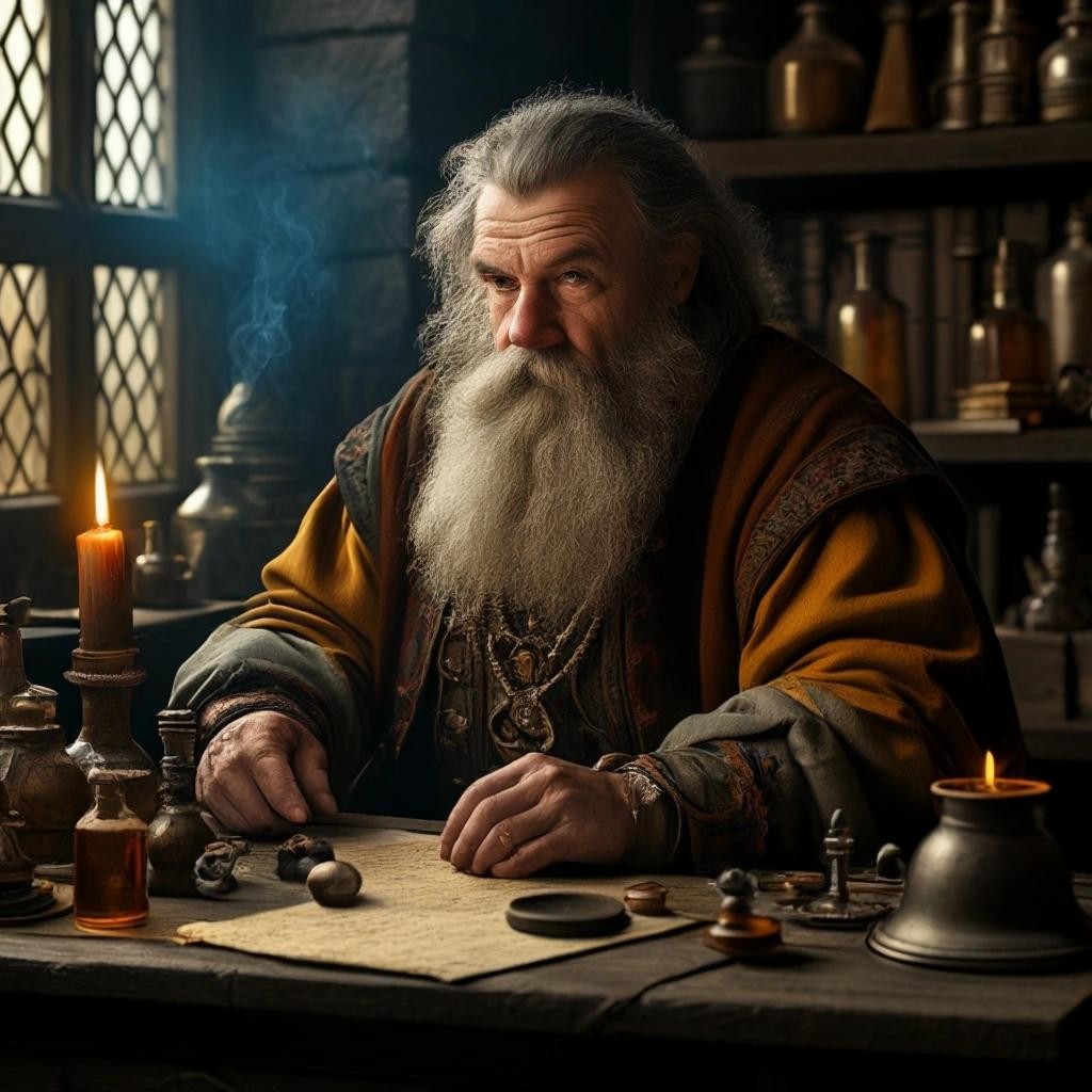 Image with seed 125674947 generated via Stable Diffusion through @stablehorde@sigmoid.social. Prompt: a Dwarven alchemist sitting at his table, alchemist materials and equipment in the style of baroque and Rembrandt, Rembrandt lighting, interesting dramatic pose, highly detailed hyper-realistic photo-realistic