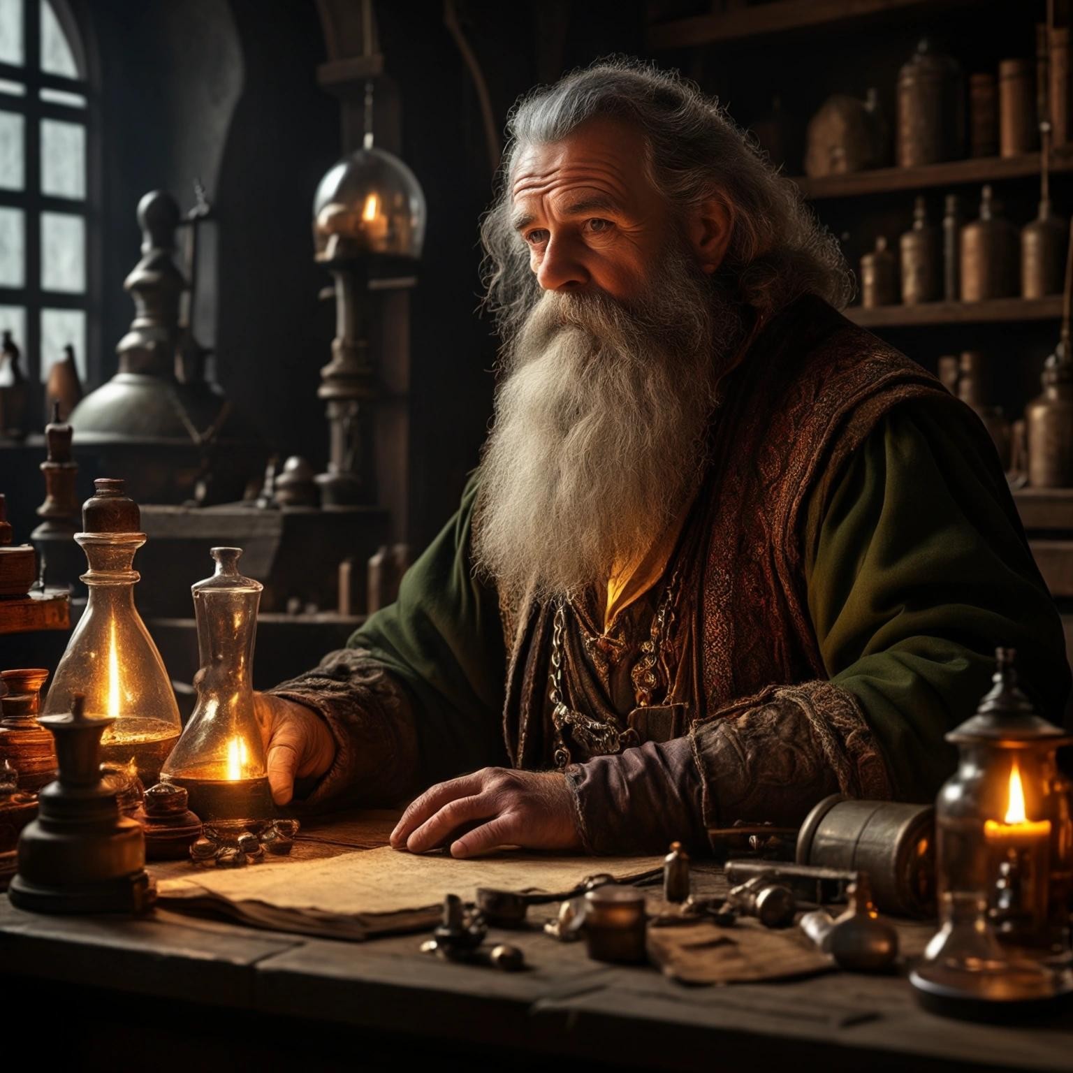 Image with seed 2908834643 generated via Stable Diffusion through @stablehorde@sigmoid.social. Prompt: a Dwarven alchemist sitting at his table, alchemist materials and equipment in the style of baroque and Rembrandt, Rembrandt lighting, interesting dramatic pose, highly detailed hyper-realistic photo-realistic