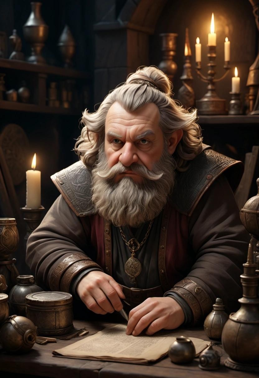 Image with seed 1645017417 generated via Stable Diffusion through @stablehorde@sigmoid.social. Prompt: a Dwarven alchemist sitting at his table, alchemist materials and equipment in the style of baroque and Rembrandt, Rembrandt lighting, interesting dramatic pose, highly detailed hyper-realistic photo-realistic 