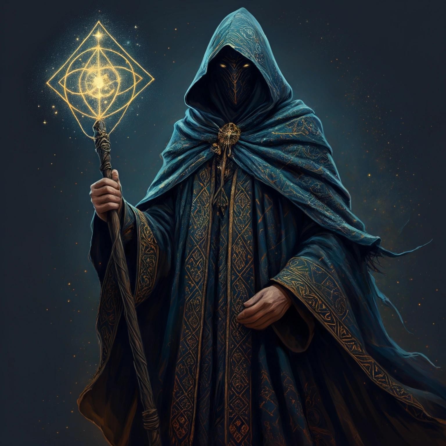 Image with seed 3195798417 generated via Stable Diffusion through @stablehorde@sigmoid.social. Prompt: a sorcerer in a cloak with a hood painted with a pattern, magic staff in hands