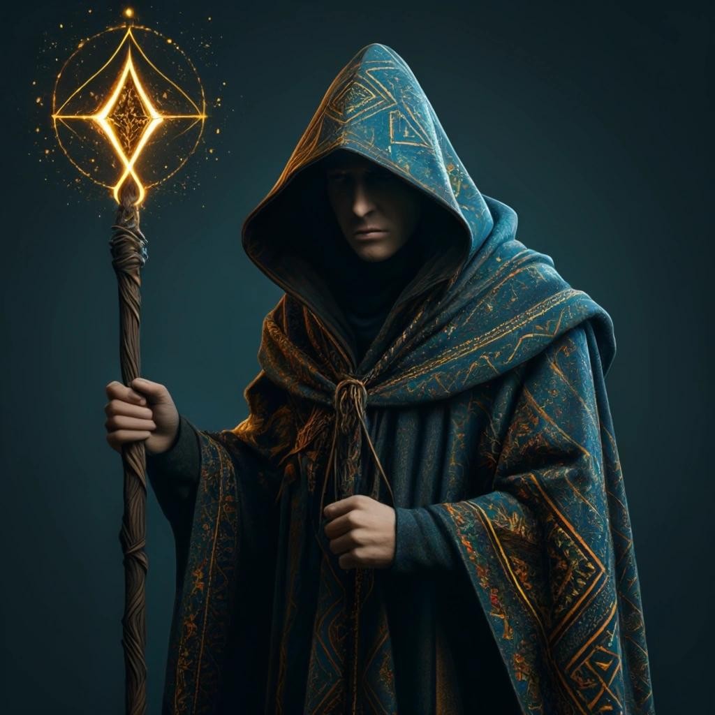 Image with seed 1347469844 generated via Stable Diffusion through @stablehorde@sigmoid.social. Prompt: a sorcerer in a cloak with a hood painted with a pattern, magic staff in hands