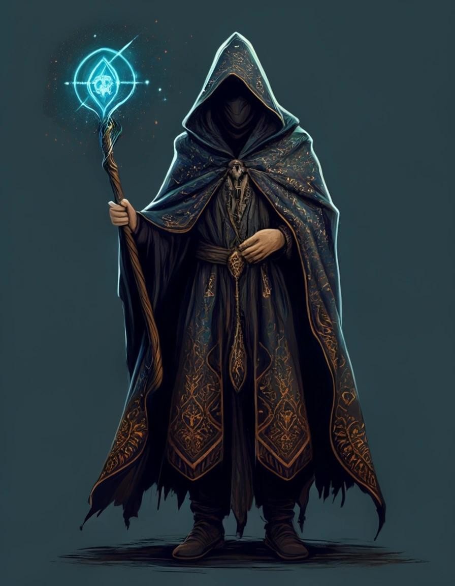 Image with seed 1025139661 generated via Stable Diffusion through @stablehorde@sigmoid.social. Prompt: a sorcerer in a cloak with a hood painted with a pattern, magic staff in hands