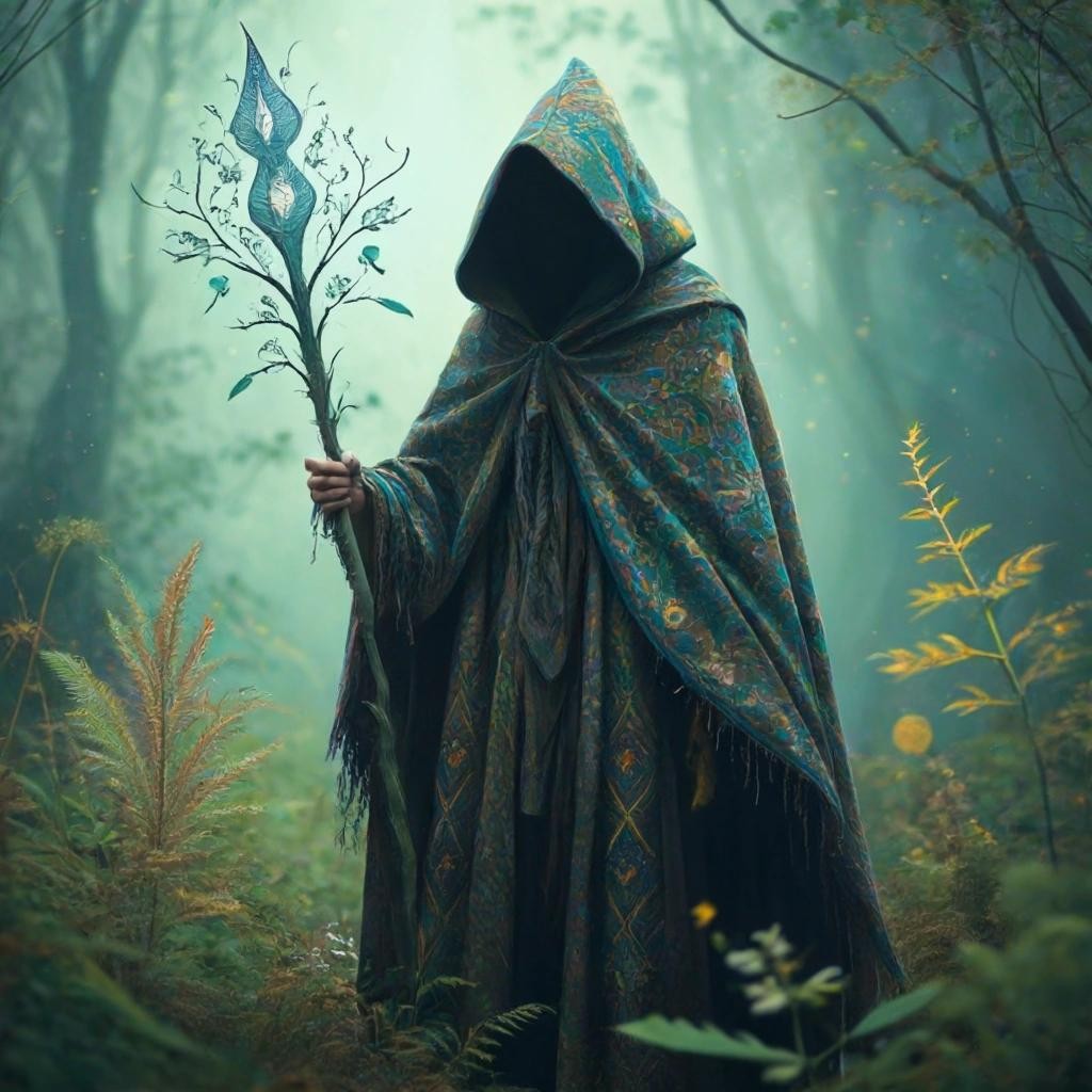 Image with seed 942550627 generated via Stable Diffusion through @stablehorde@sigmoid.social. Prompt: a sorcerer in a cloak with a hood painted with a pattern, magic staff in hands, fairyland enchanted forest background, outlandish magical plants, faerie creatures
