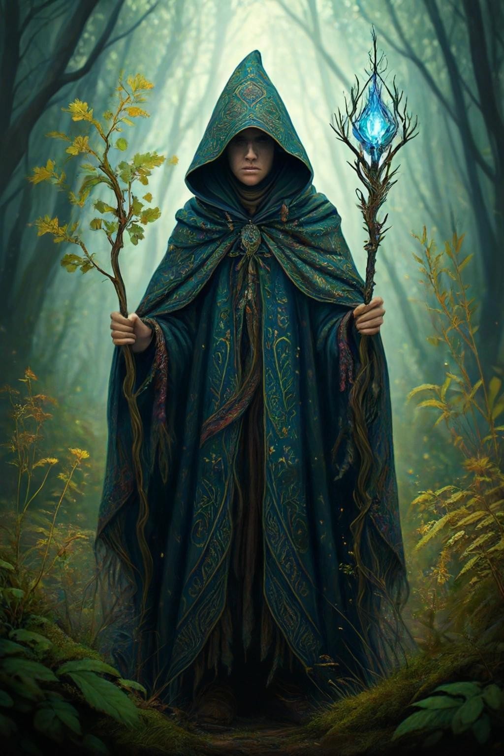 Image with seed 369831238 generated via Stable Diffusion through @stablehorde@sigmoid.social. Prompt: a sorcerer in a cloak with a hood painted with a pattern, magic staff in hands, fairyland enchanted forest background, outlandish magical plants, faerie creatures