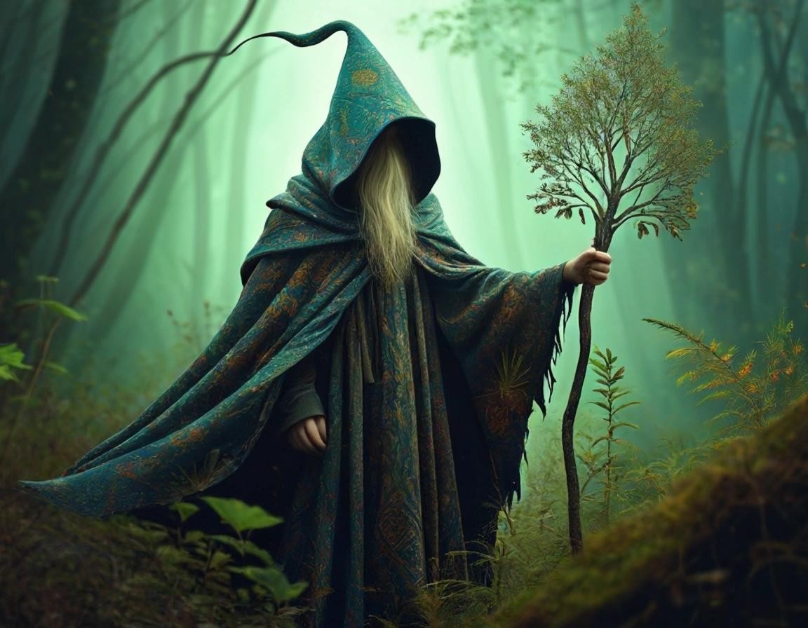 Image with seed 2428353605 generated via Stable Diffusion through @stablehorde@sigmoid.social. Prompt: a sorcerer in a cloak with a hood painted with a pattern, magic staff in hands, fairyland enchanted forest background, outlandish magical plants, faerie creatures